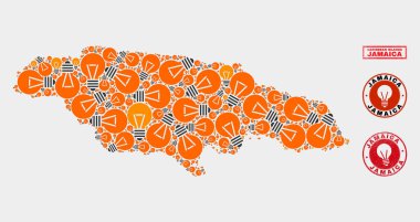 Elektrik Ampul Mozaik Jamaika Haritası ve Grunge Pullar