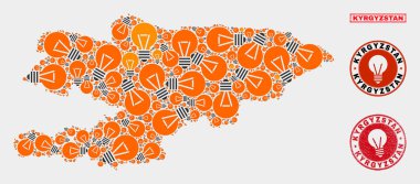 Aydınlatma Ampul Kolaj Kırgızistan Haritası ve Grunge Seals