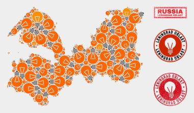 Elektrikli Lamba Mozaik Leningrad Bölge Haritası ve Grunge Damga Mühürleri