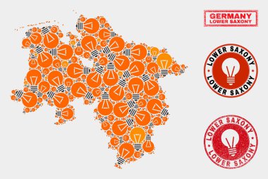 Enerji Lambası Kolaj Alt Saksonya Kara Haritası ve Grunge Pullar