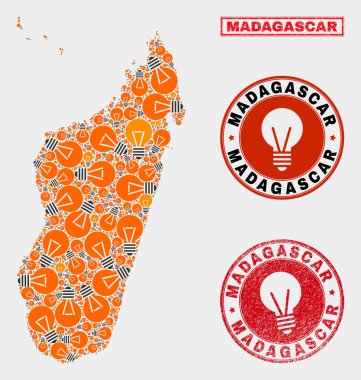 Enerji Lambası Mozaik Madagaskar Adası Haritası ve Çizik Pullar
