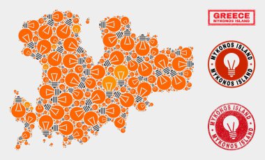 Ampul Kolaj Mikonos Adası Haritası ve Çizik Damga Mühürler