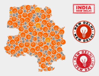 Ampul Kolaj Yeni Delhi Şehir Haritası ve Grunge Seals