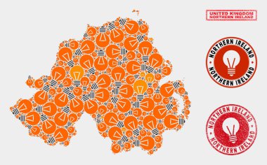 Elektrik Ampul Mozaik Kuzey İrlanda Haritası ve Grunge Seals