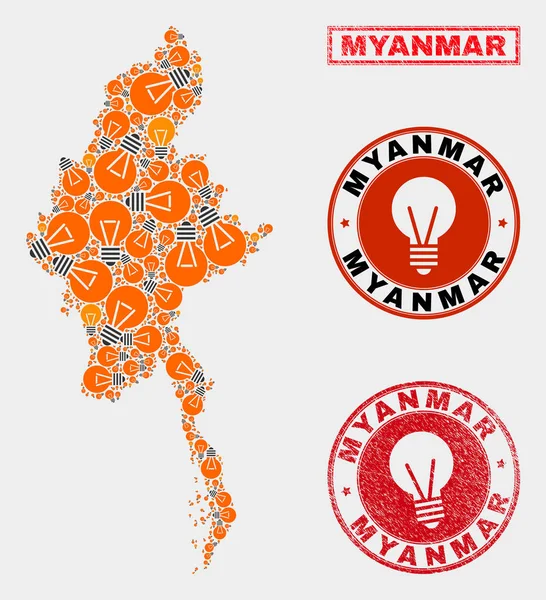 Iluminação Lâmpada Mosaico Myanmar Mapa e Selos Arranhados — Vetor de Stock