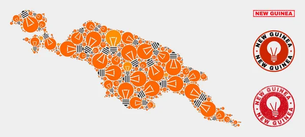 Enerji Lambası Kolaj Yeni Gine Haritası ve Çizik Pullar