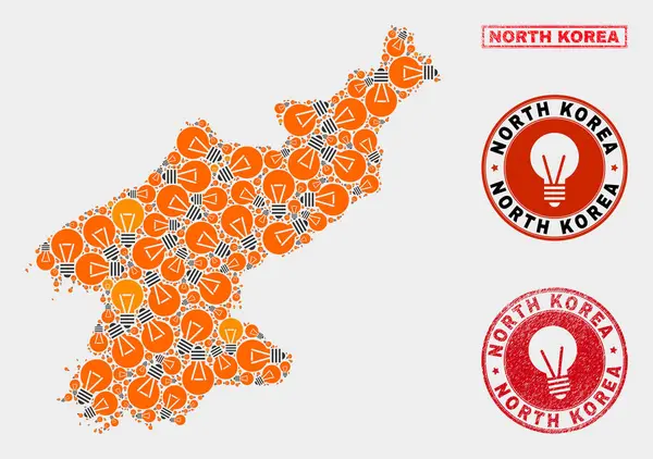 Aydınlatma Lambası Mozaik Kuzey Kore Haritası ve Grunge Damga Mühürler