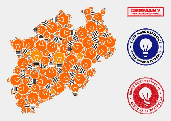 Enerji Ampul Kolaj Kuzey Ren-Vestfalya Kara Haritası ve Grunge Seals