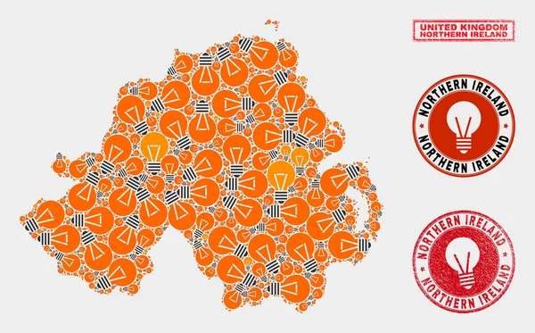 Elektrik Ampul Mozaik Kuzey İrlanda Haritası ve Grunge Seals