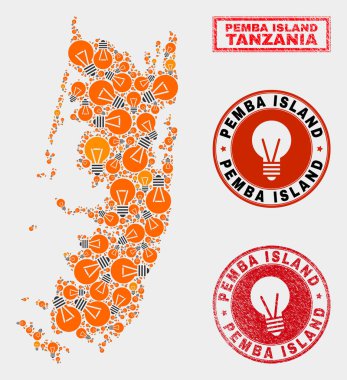 Elektrikli Ampul Mozaik Pemba Adası Haritası ve Grunge Damga Mühürler