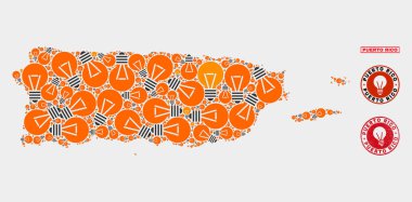 Aydınlatma Ampul Mozaik Porto Riko Haritası ve Kauçuk Mühürler