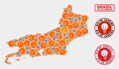 Elektrikli Lamba Mozaik Rio De Janeiro Devlet Haritası ve Grunge Damga Mühürler