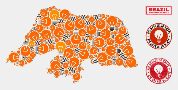 Elektrik Ampul Mozaik Rio Grande Do Norte Devlet Haritası ve Dokulu Damga Mühürler