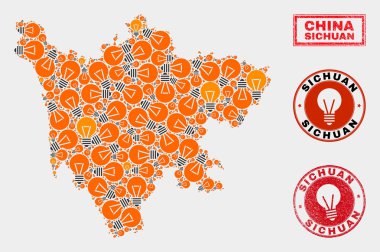 Enerji Lambası Kolaj Sichuan İl Haritası ve Grunge Pullar