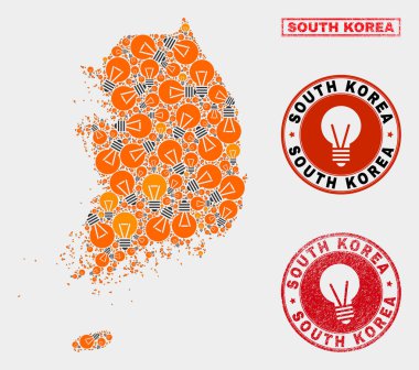 Ampul Mozaik Güney Kore Haritası ve Grunge Pullar