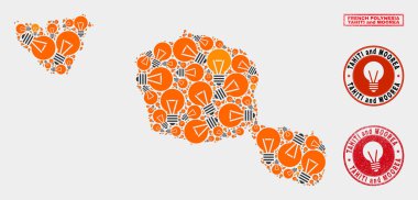 Aydınlatma Ampul Kolaj Tahiti ve Moorea Adaları Harita ve Grunge Pullar