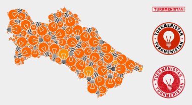 Elektrikli Ampul Kolaj Türkmenistan Haritası ve Grunge Pullar