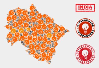 Elektrikli Lamba Mozaik Uttarakhand Devlet Haritası ve Grunge Seals