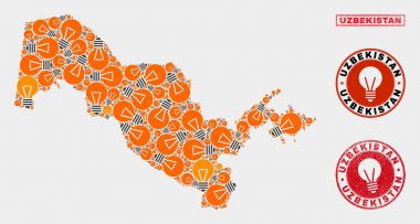 Enerji Ampulü Mozaik Özbekistan Haritası ve Dokulu Pullar