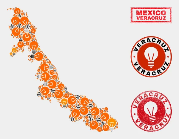 Bombilla Mosaico Veracruz Estado Mapa y Grunge Sellos — Vector de stock