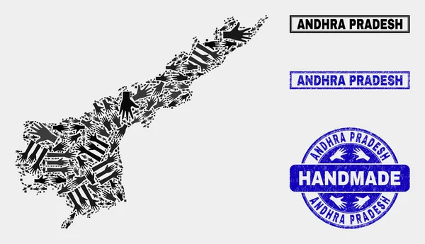 Composición hecha a mano del mapa estatal de Andhra Pradesh y el sello rayado — Vector de stock