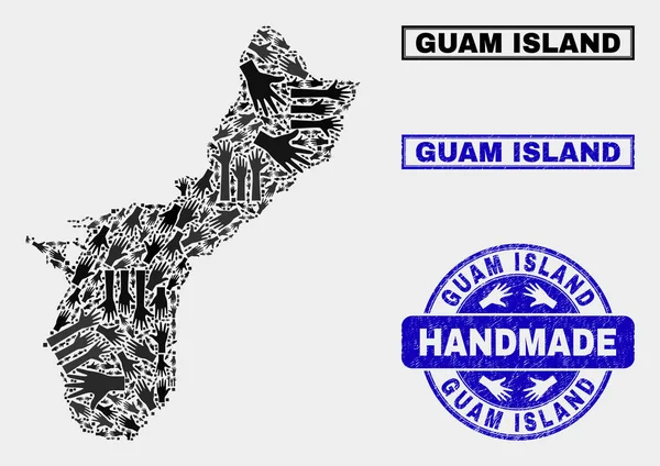 Composición hecha a mano de Guam Island Mapa y sello rayado — Vector de stock