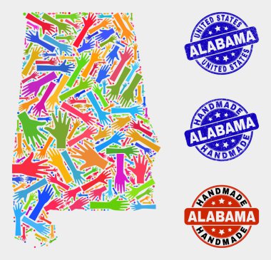 Alabama Devlet Haritası ve Distress El Yapımı Pullar El Kolaj