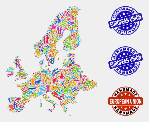 Collage à la main de la carte de l'Union européenne et sceaux Grunge faits à la main — Image vectorielle