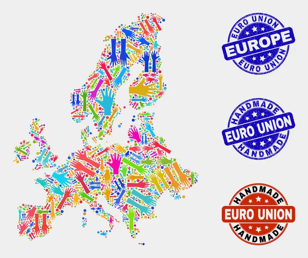 Collage à la main de Euro Union Carte et détresse Sceaux faits à la main — Image vectorielle