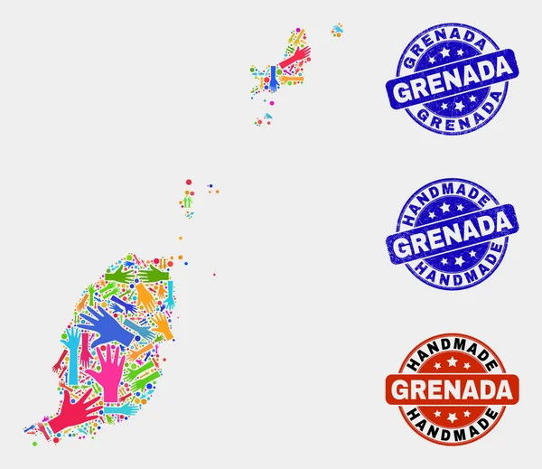 Collage de mano de Granada Mapa y sellos hechos a mano texturizados — Vector de stock