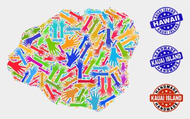 Kauai Adası Haritası ve Dokulu El Yapımı Mühürler El Kompozisyonu