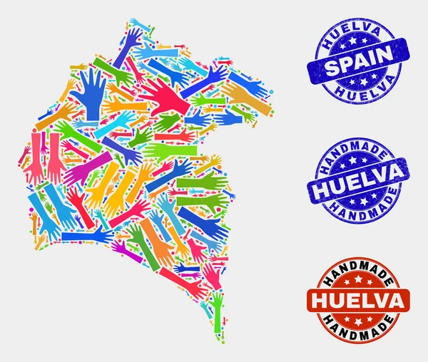 Colagem manual do mapa da província de Huelva e selos artesanais riscados — Vetor de Stock