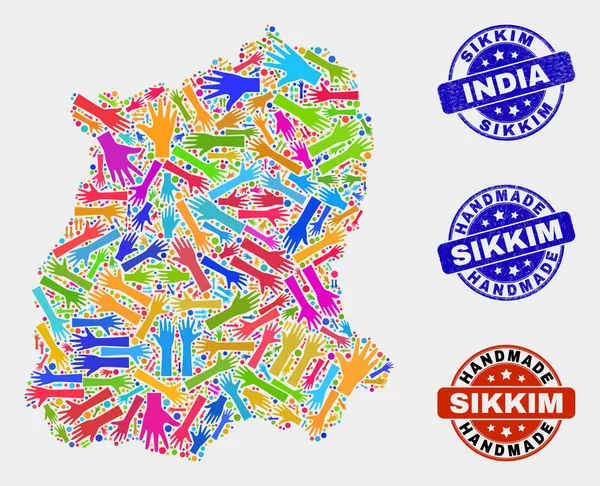 Sikkim Devlet Haritası ve Sıkıntı El Yapımı Pulların El Kompozisyonu