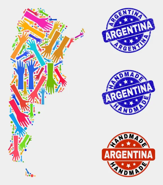 Collage de mano de Argentina Mapa y sellos hechos a mano rasguñados — Vector de stock