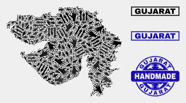 Collage hecho a mano del mapa del estado de Gujarat y sello rayado — Vector de stock