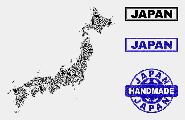 Composition faite à la main de la carte du Japon et timbre rayé — Image vectorielle