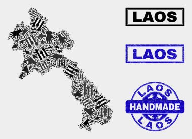 Laos Haritası ve Sıkıntı Damgası El Yapımı Kolaj