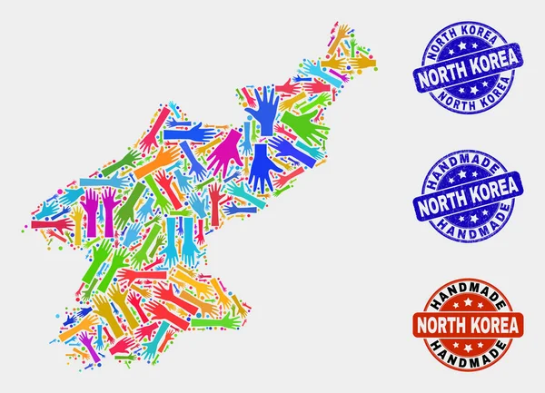 Collage de mano de Corea del Norte Mapa y Grunge Sellos hechos a mano — Vector de stock