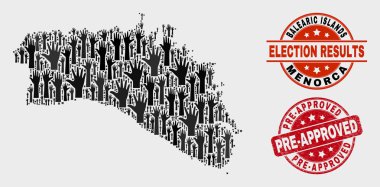 Oylama Menorca Adası Haritası ve Grunge Ön Onaylı Damga Mührü Kolajı