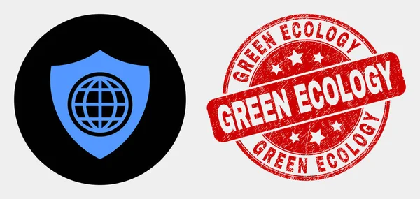 Ikona globálního štítu ikon a grunge zelená ekologie razítko s razítkem — Stockový vektor