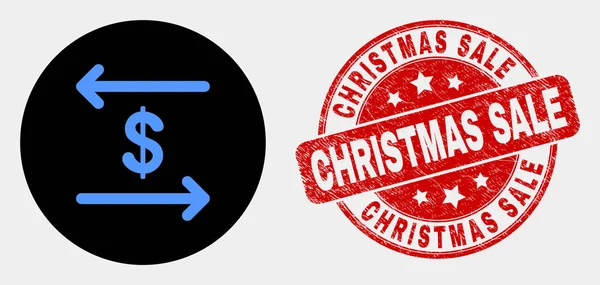 Vector dollar uitwisseling pijlen pictogram en gekrast Kerstmis verkoop stempel zegel — Stockvector