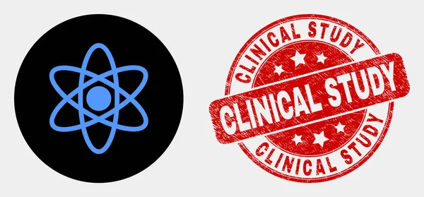 Vektor Atom modell ikon és grunge klinikai vizsgálat Seal — Stock Vector