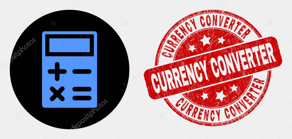 Rounded Calculator Icon And Currency Converter Seal Stamp Red Rounded Scratched Seal Stamp With Currency Converter Caption Blue Calculator Icon On Black Circle Premium Vector In Adobe Illustrator Ai Ai