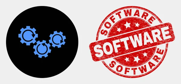 Mecanismo de engranajes vectoriales Icono y sello de software rayado — Archivo Imágenes Vectoriales