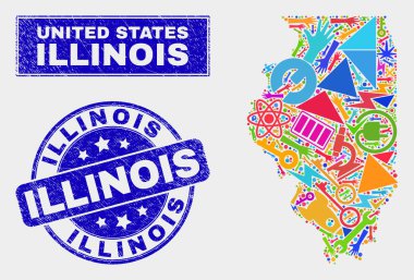 Kolaj Araçları Illinois Eyalet Haritası ve Grunge Illinois Damga Mührü