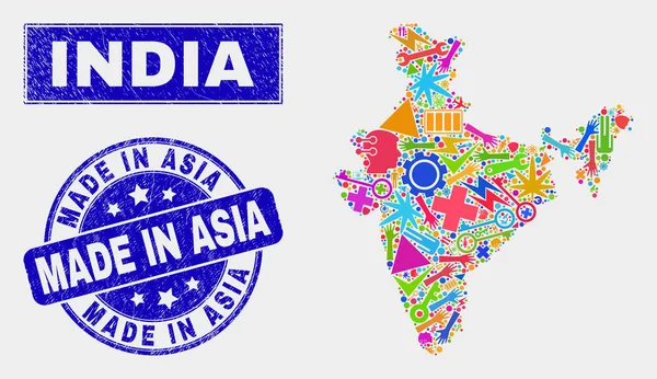 Mosaico Herramientas India Mapa y Grunge Hecho en Asia Marca de agua — Vector de stock