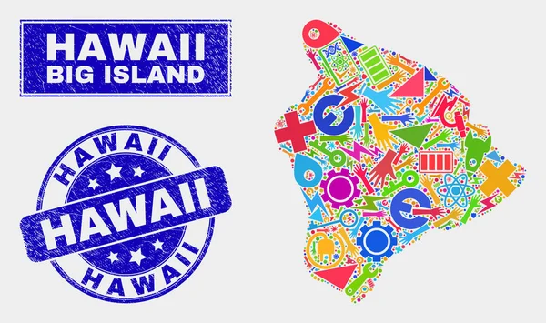 Mapa de Hawaii Big Island e marca d 'água Grunge Hawaii —  Vetores de Stock