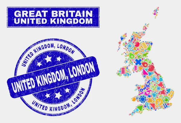 Collage Tools United Kingdom Map and Grunge United Kingdom, London Seal — Stock Vector