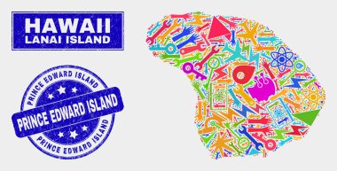 Kolaj Teknoloji Lanai Adası Haritası ve Grunge Prens Edward Adası Damga