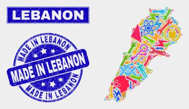 Kolaj Araçları Lübnan Haritası ve Grunge Lübnan Damgası Made in